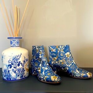 Tory Burch metallic gold and blue floral ankle boots NWOT